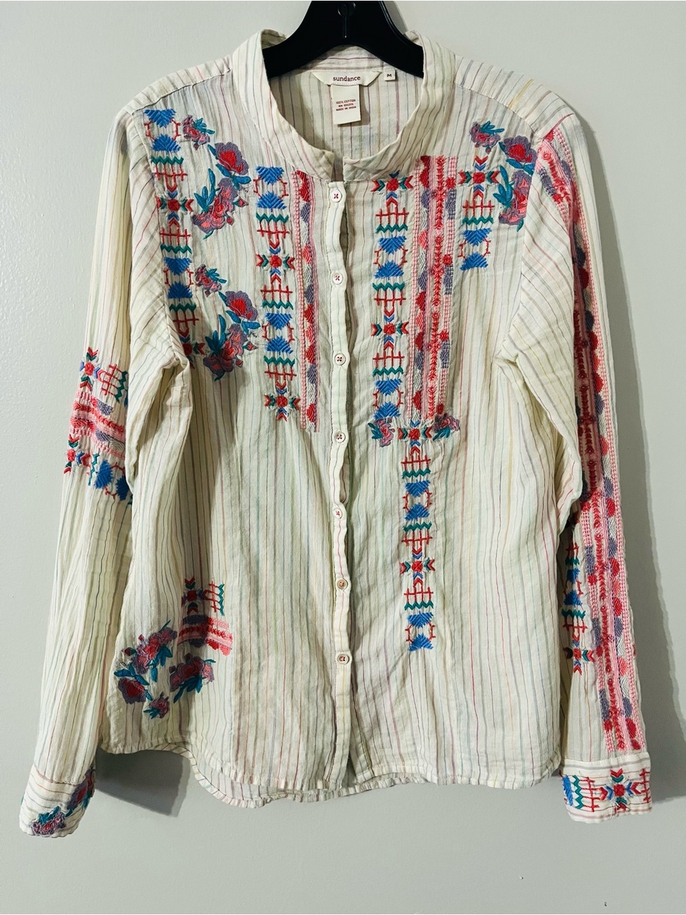 Sundance Embroidered Striped Boho Blouse Sz M